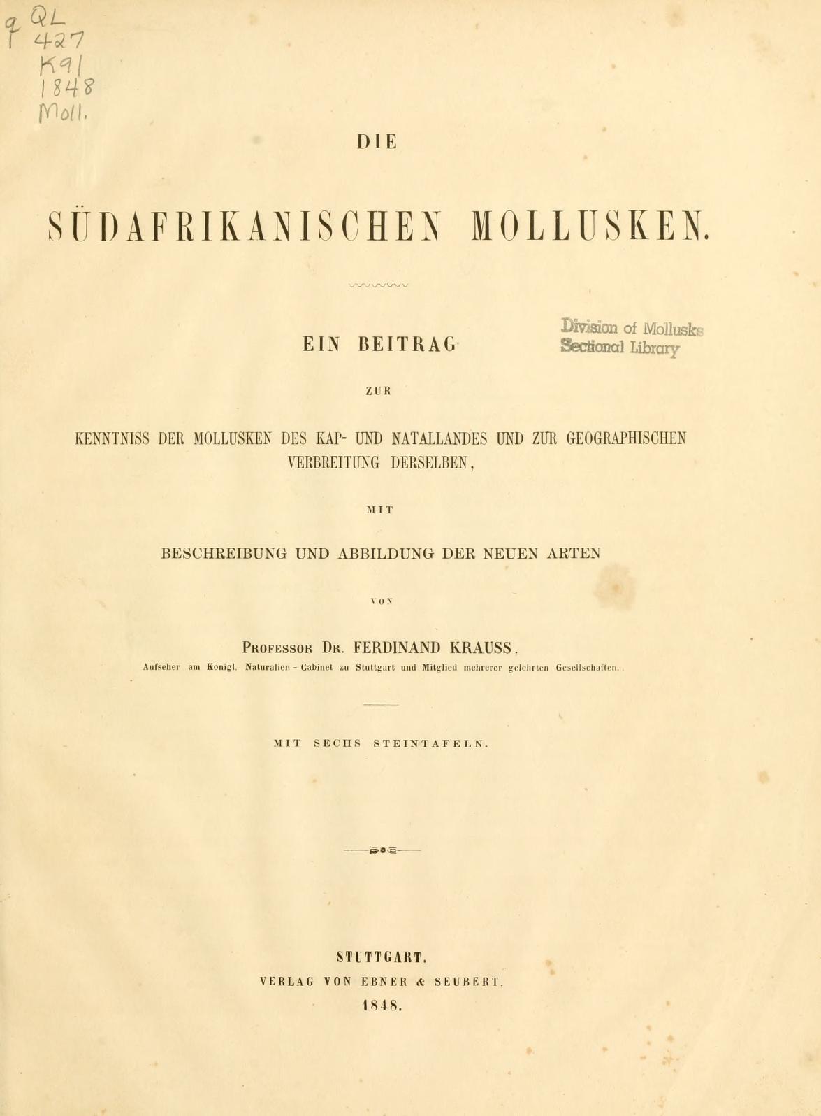 Media type: text; Krauss 1848 Description: Die südafrikanischen Mollusken;
